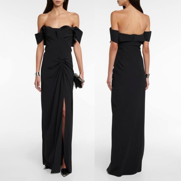 NWT Alexander Mcqueen Off Shoulder Maxi Dress Black Sz 40 Ruched Pleated Gown